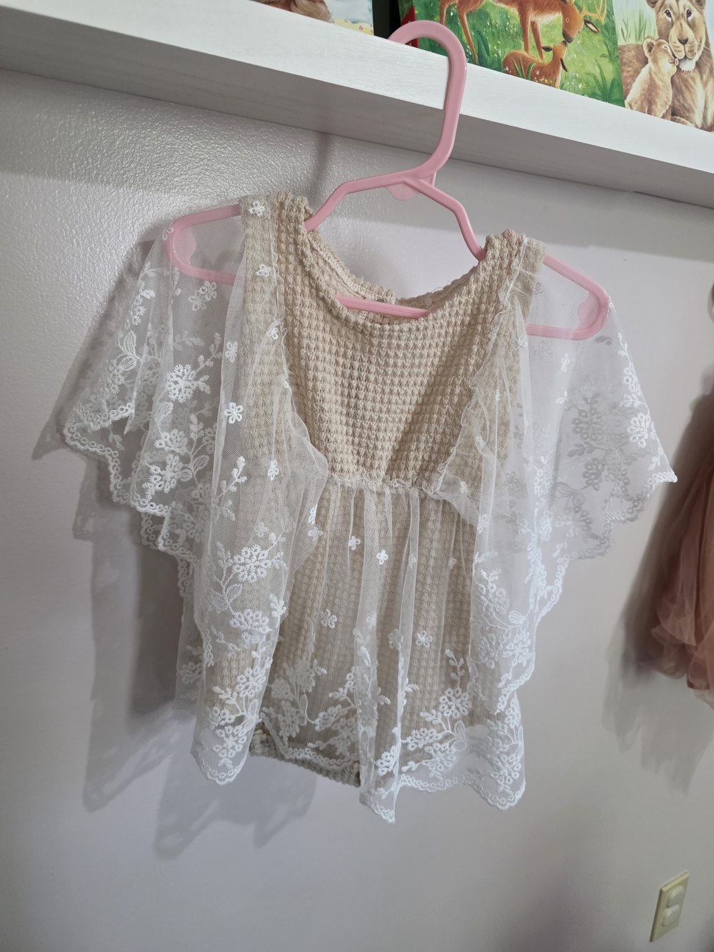 Girls Beige Waffle Knit One-Piece with White Lace Overlay And 2 Headbands